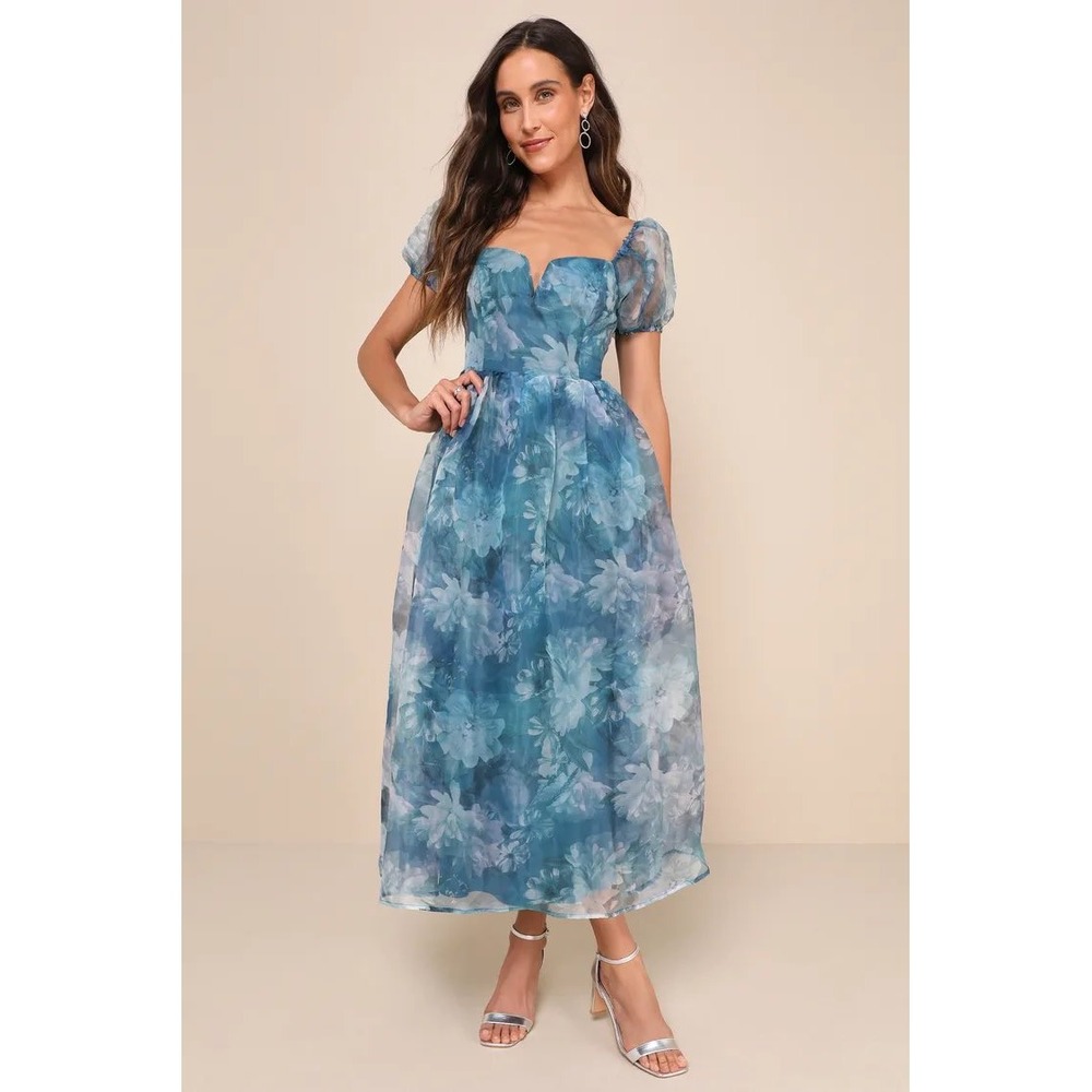 Lulus Blue Floral Organza Puff Sleeve Tie Back Midi Dress Sweetheart Neckline XS